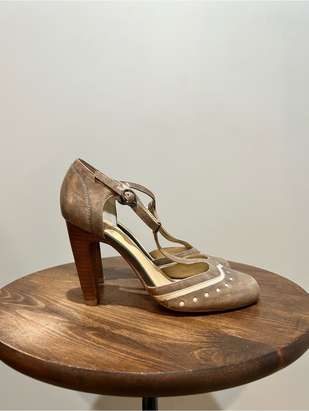 Crown Vintage Taupe Suede T-Strap Block Heels